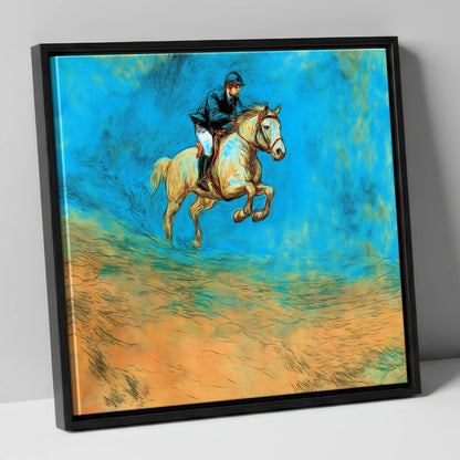 Flight in Cerulean show jumping horse canvas wall art in black frame