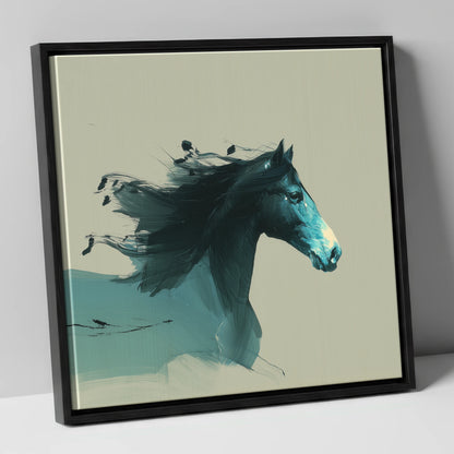 Windswept in Teal horse breed canvas wall art in black frame