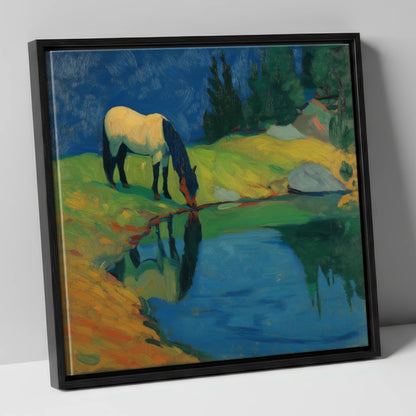Sapphire Pool Reflections horse landscape canvas wall art in black frame