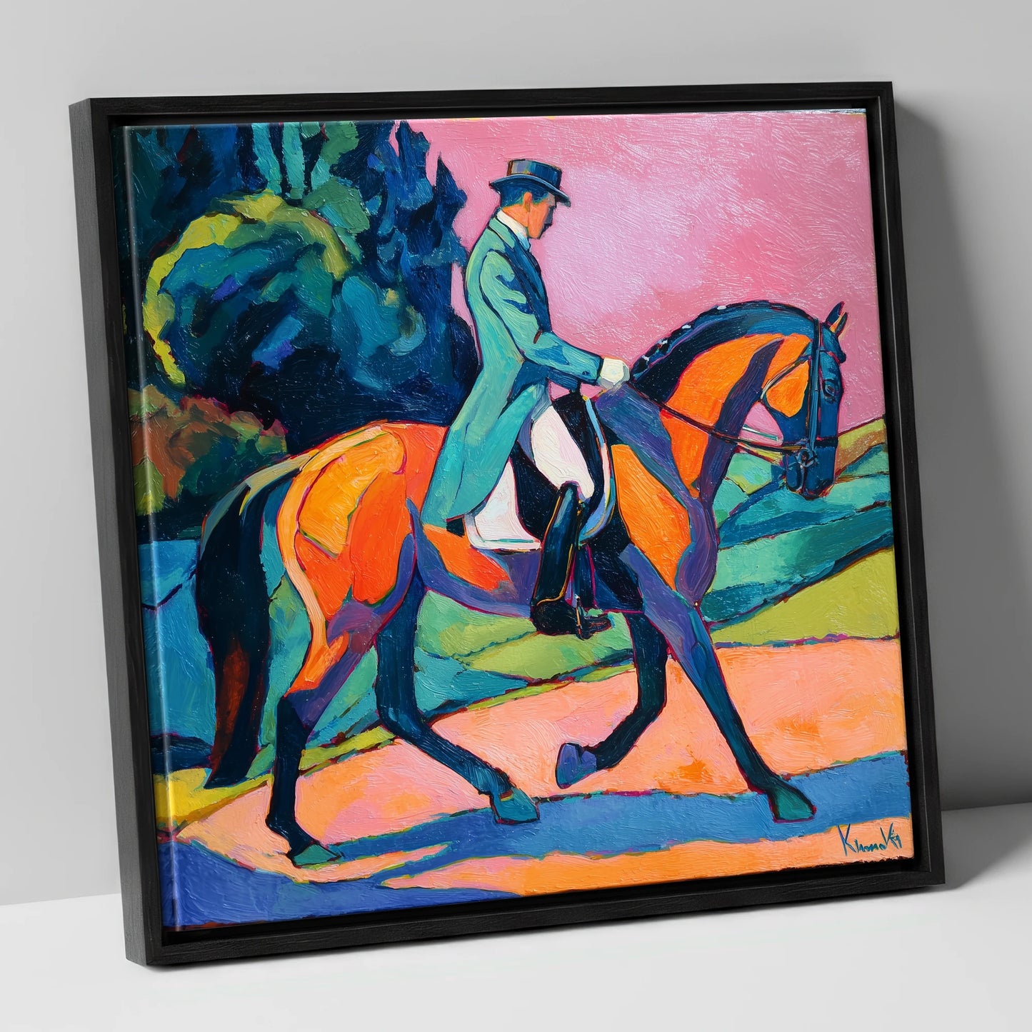 Bold Dressage Harmony dressage horse canvas wall art in black frame
