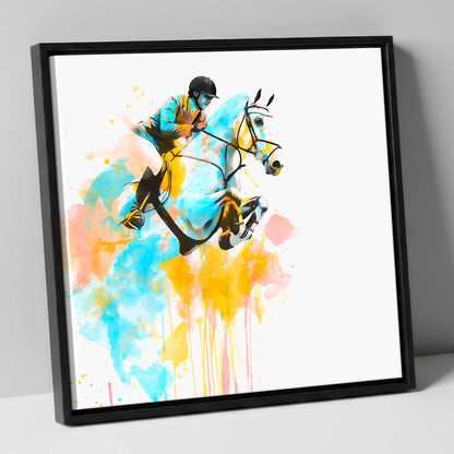 Suspended in Colour show jumping horse canvas wall art in black frame