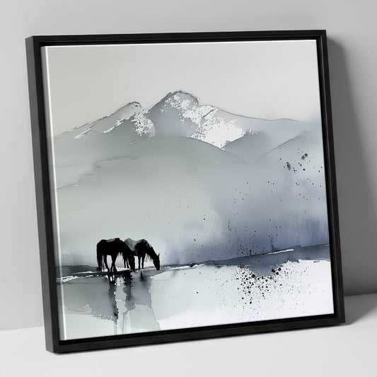 Mountain Mist Reflections horse landscape canvas wall art in black frame