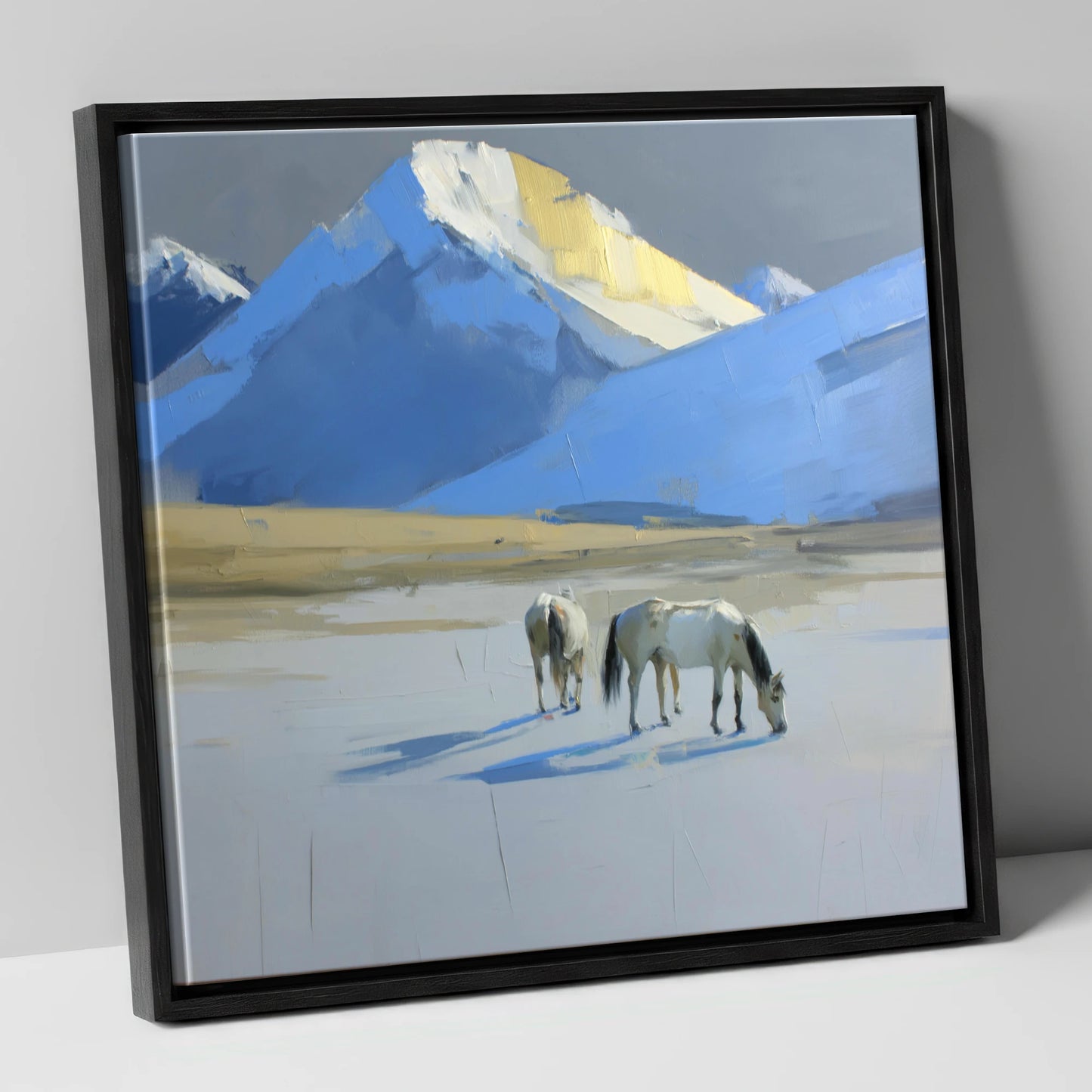 Golden Peak Grazing horse landscape canvas wall art in black frame