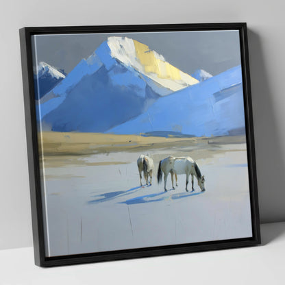 Golden Peak Grazing horse landscape canvas wall art in black frame