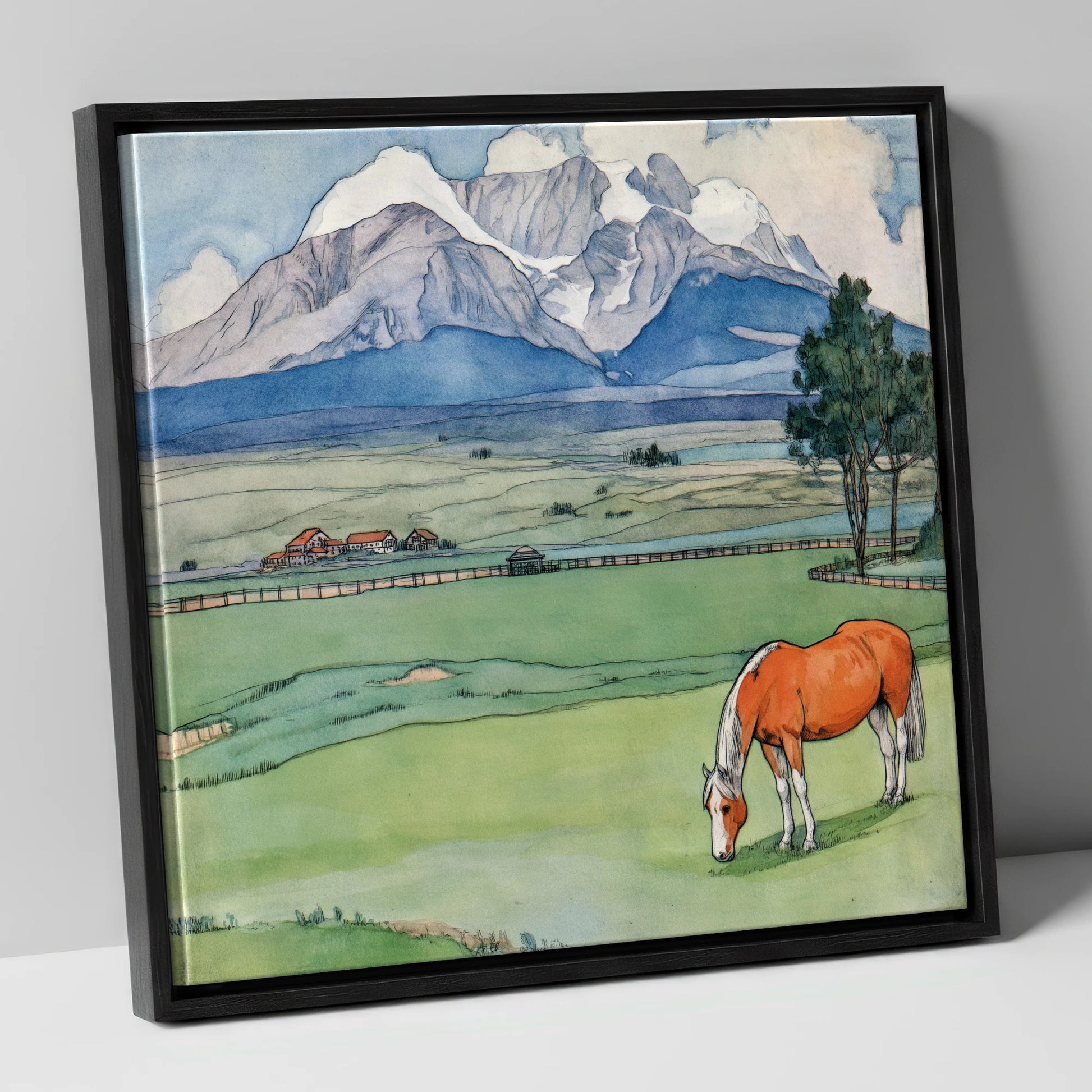 Alpine Pastures horse landscape canvas wall art in black frame