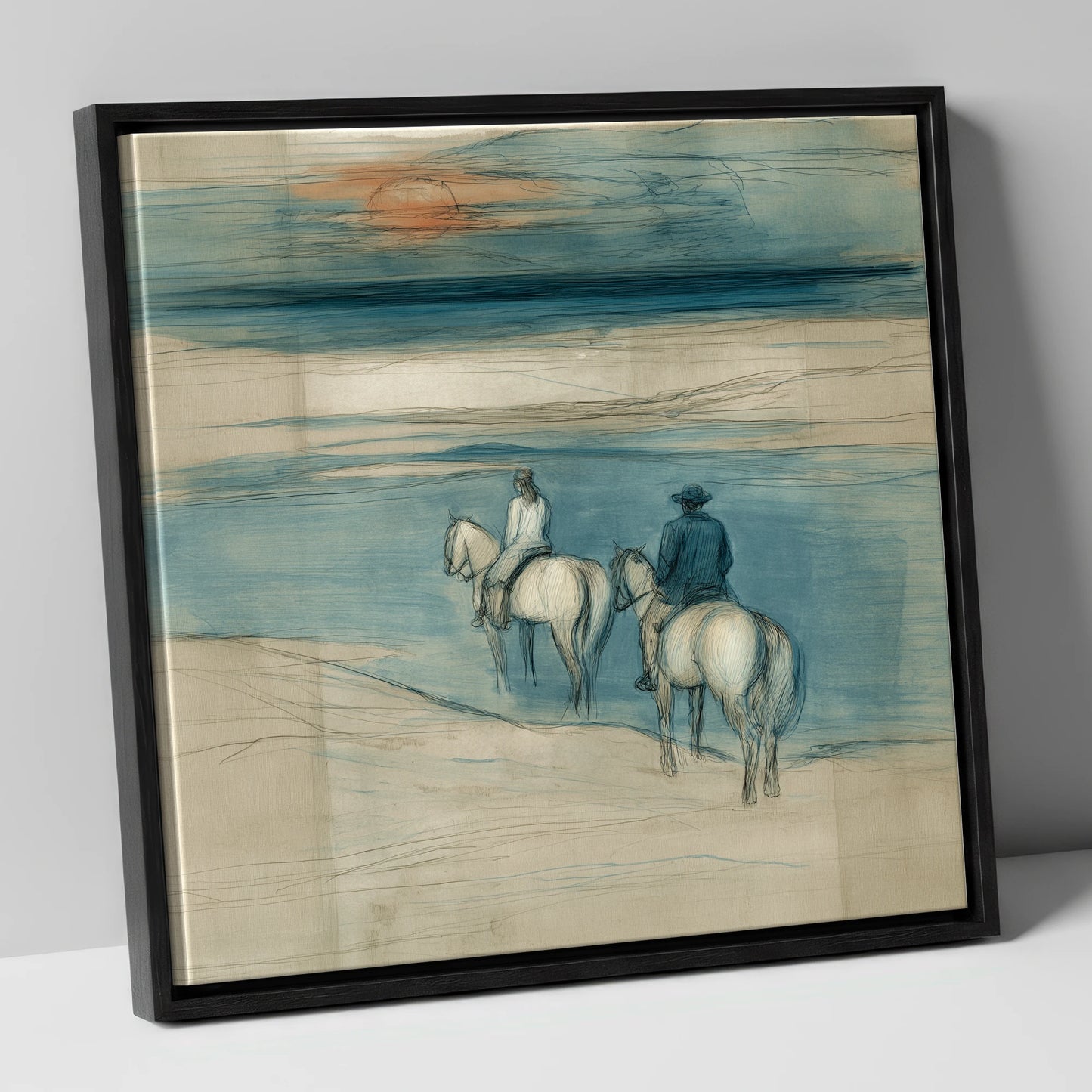 Twilight Shoreline Ride horse landscape canvas wall art in black frame