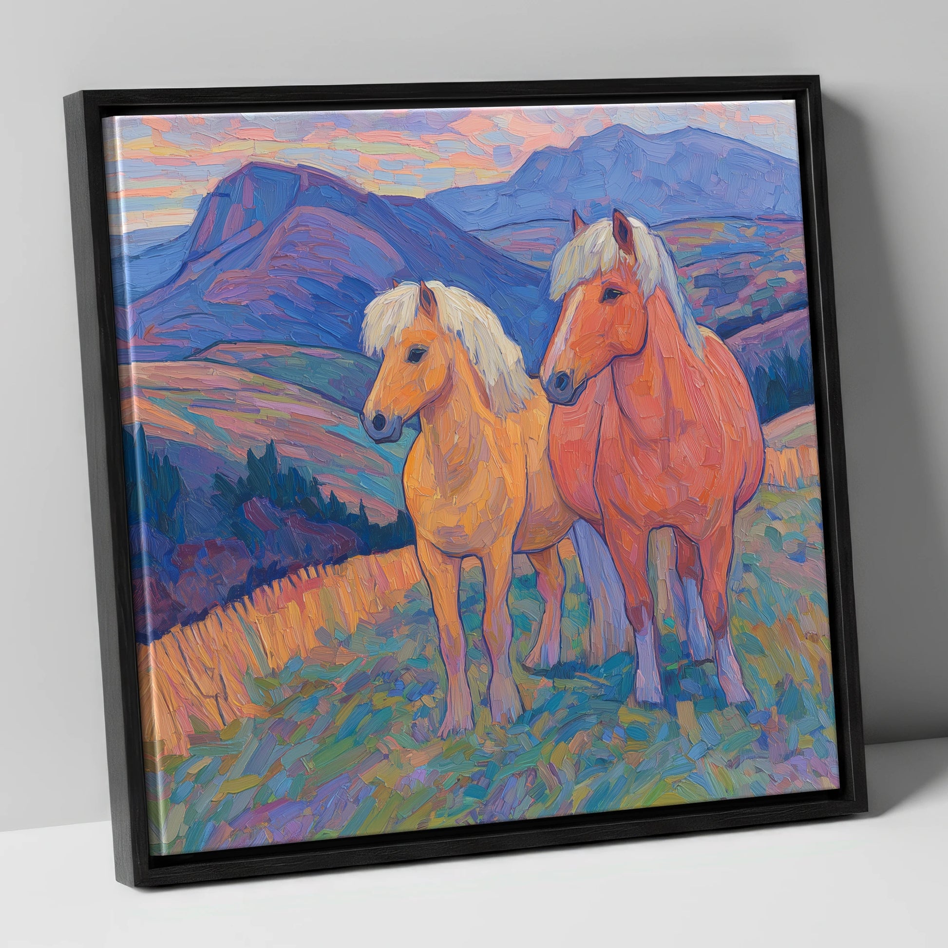 Highland Fjord Companions horse landscape canvas wall art in black frame