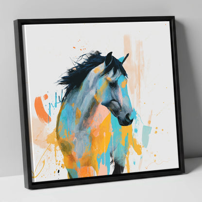 Teal and Amber Splendour horse portrait canvas wall art in black frame