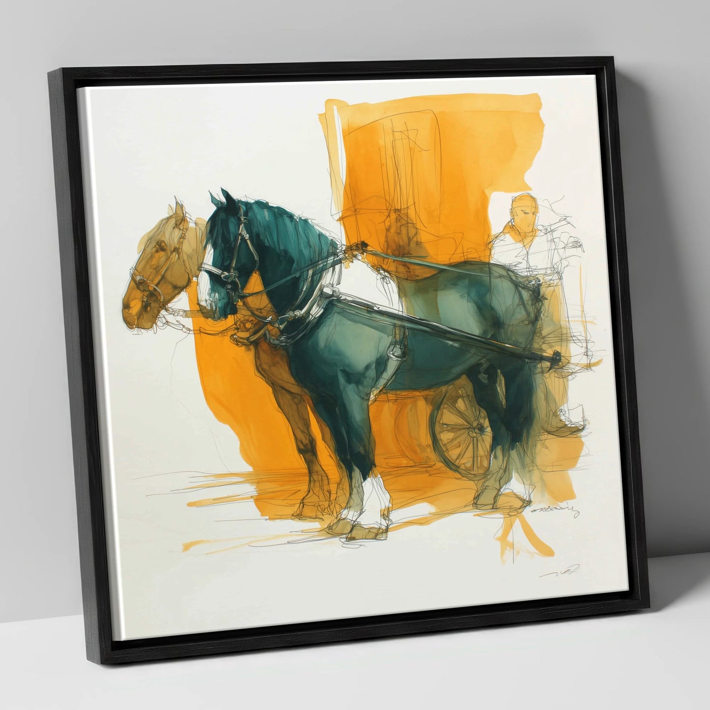Harnessed in Amber working horse canvas wall art in black frame