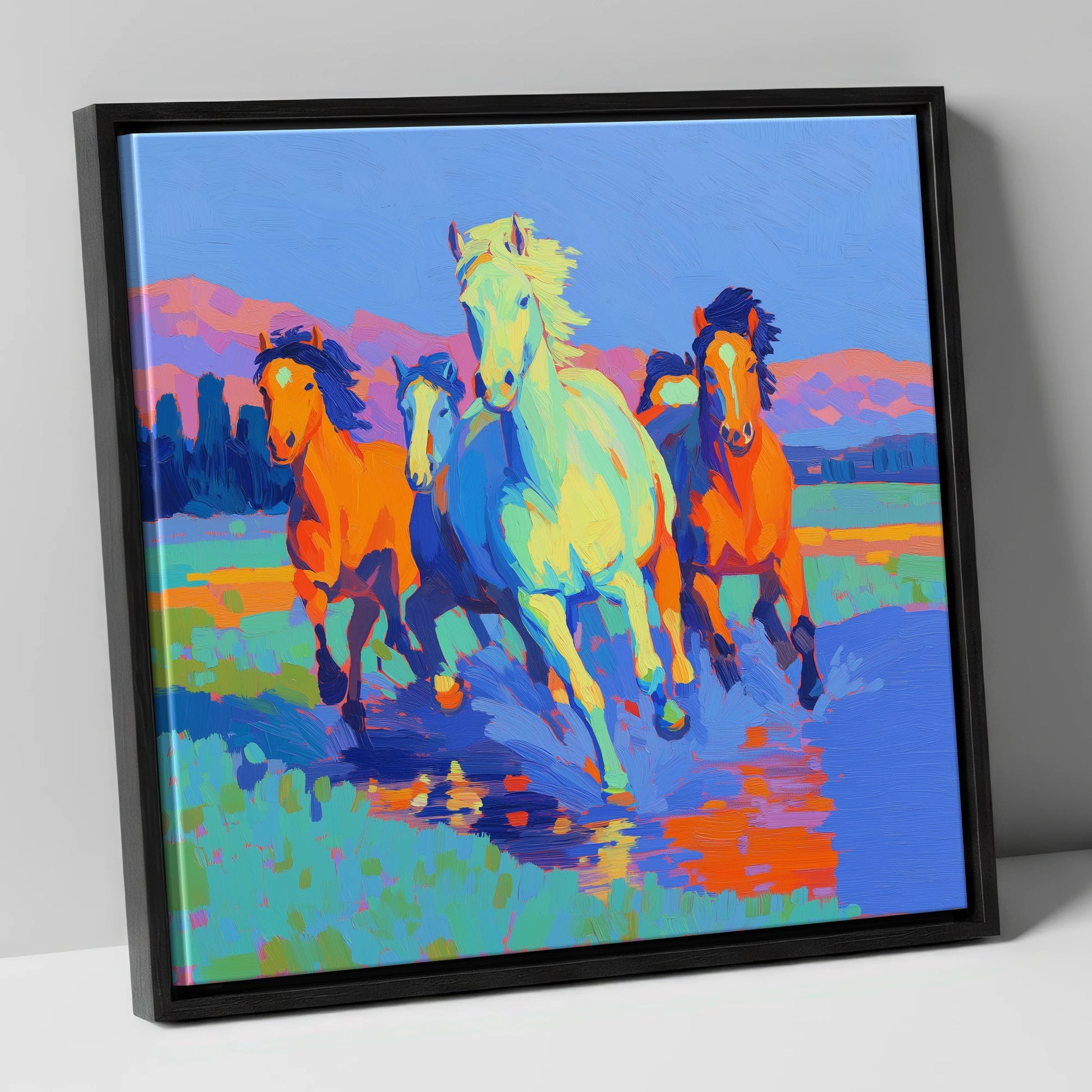 The Vivid Gallop wild horses canvas wall art in black frame