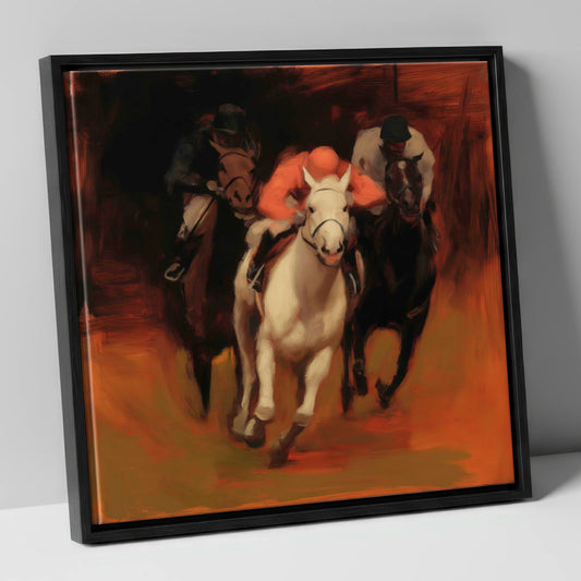 Breaking from the Pack racing horse canvas wall art in black frame