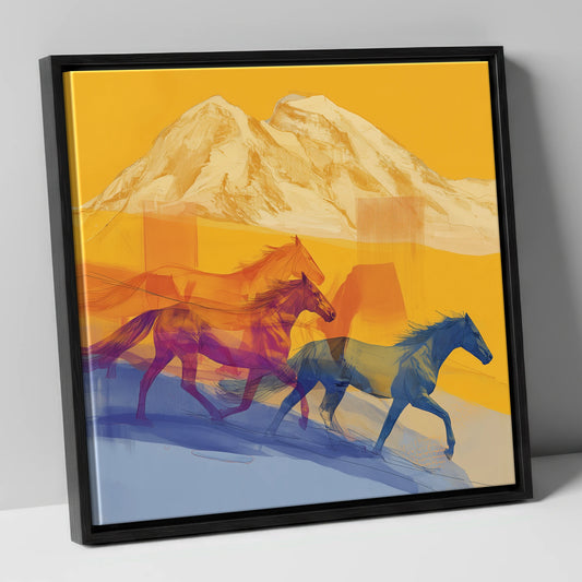 Golden Mountain Canter horse landscape canvas wall art in black frame