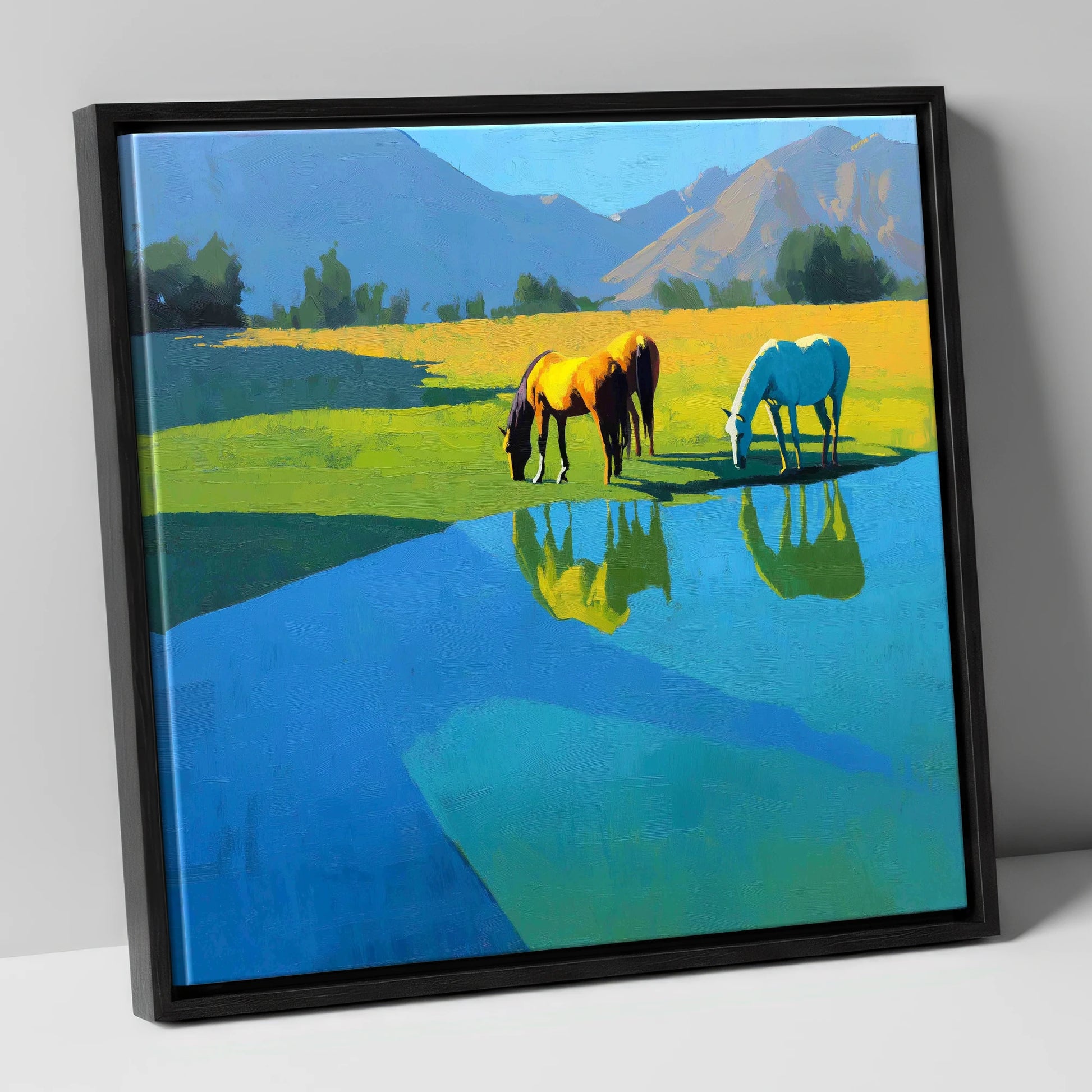Sunlit Waterside Grazing wild horses canvas wall art in black frame