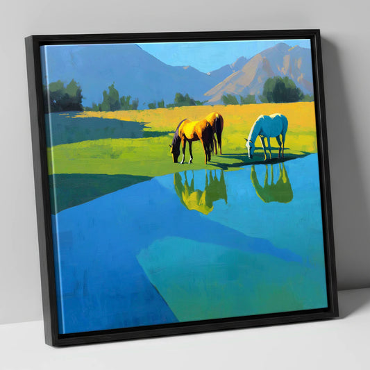 Sunlit Waterside Grazing wild horses canvas wall art in black frame