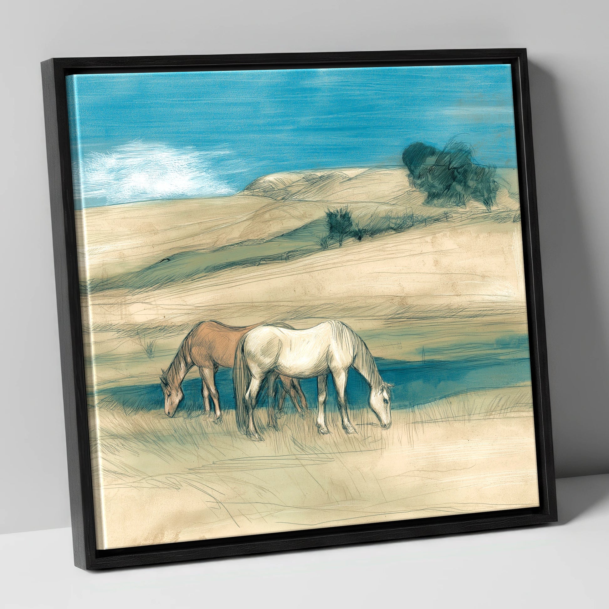 Grazing Beneath Teal Skies horse landscape canvas wall art in black frame