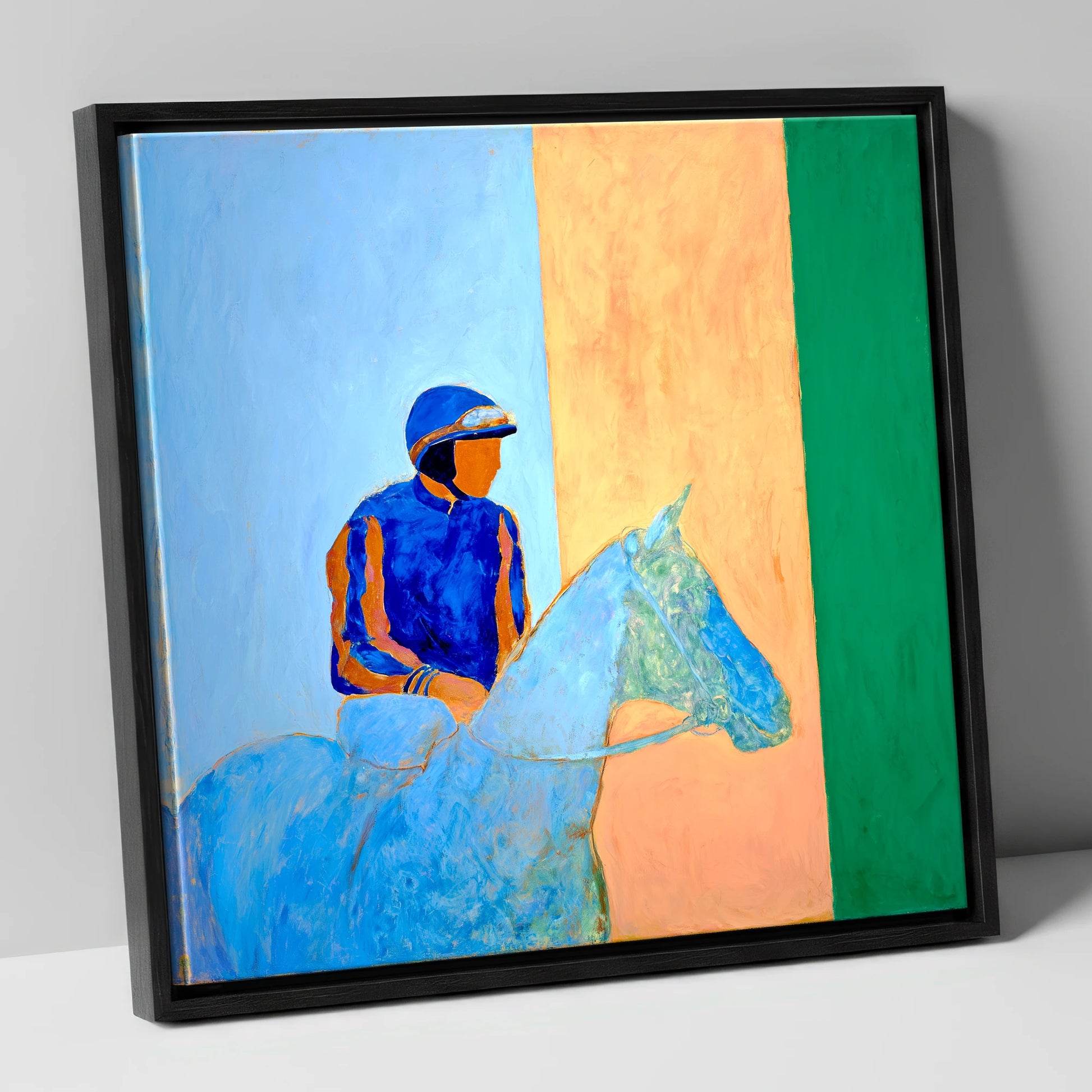 Stillness In The Saddle racing horse canvas wall art in black frame
