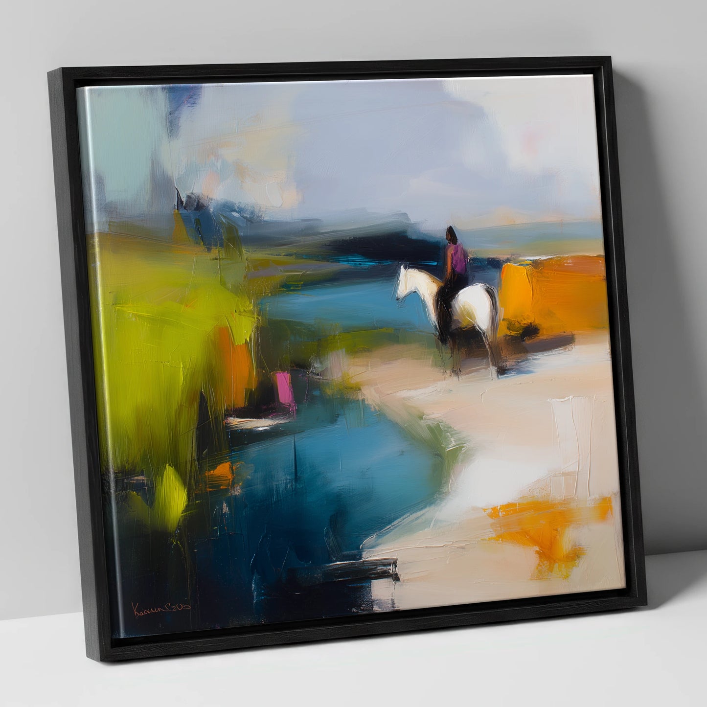 Vibrant Shoreline Hack beach horse canvas wall art in black frame