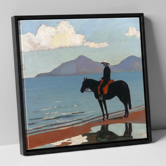 Silhouette on the Sands beach horse canvas wall art in black frame