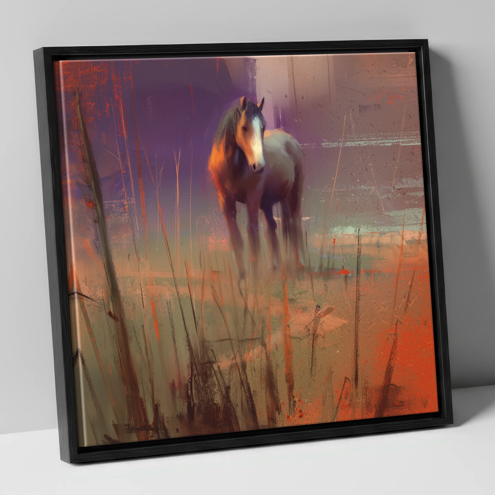Violet Dawn Solitude horse landscape canvas wall art in black frame