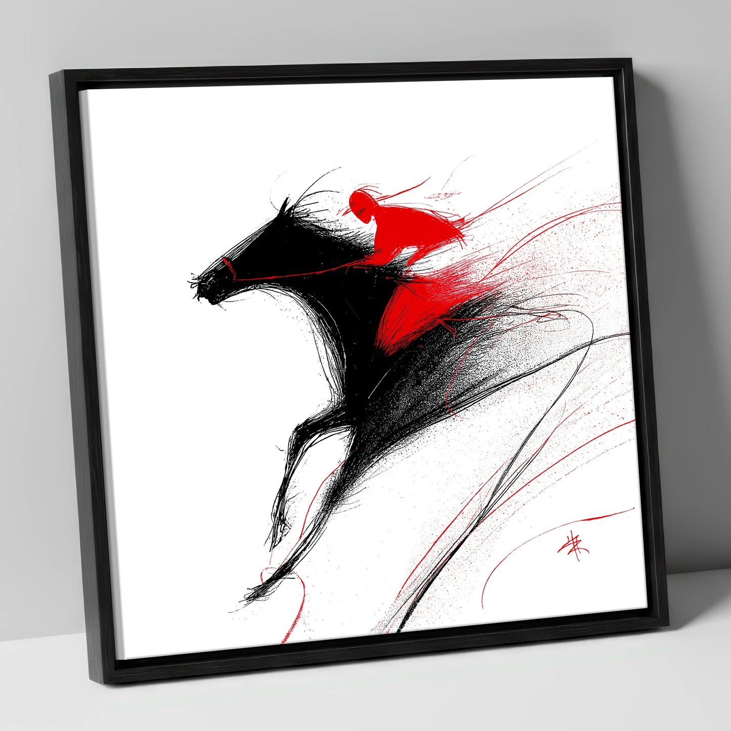 Adrenaline in Red racing horse canvas wall art in black frame