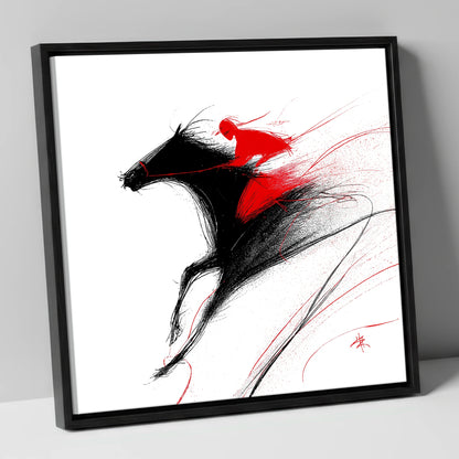 Adrenaline in Red racing horse canvas wall art in black frame