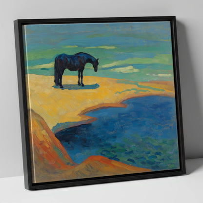 Vibrant Coastal Solitude horse landscape canvas wall art in black frame