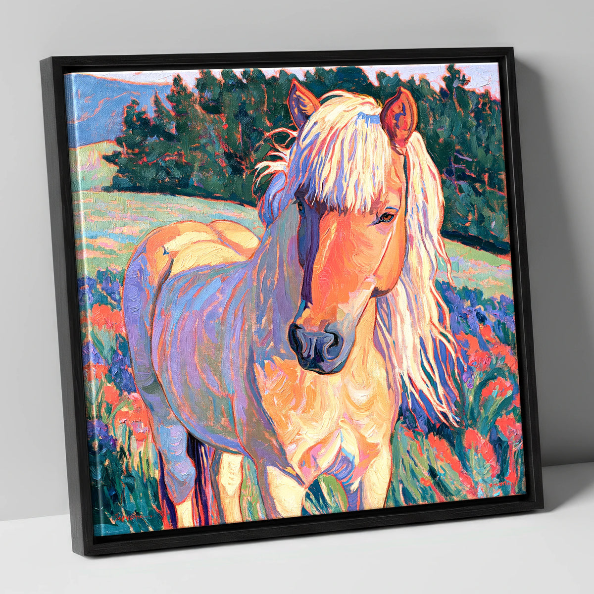 Vibrant Palomino Pony In Meadow horse breed canvas wall art in black frame