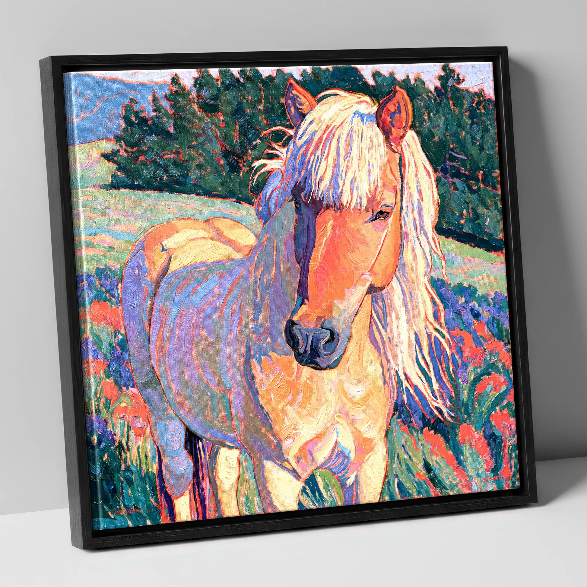 Vibrant Palomino Pony In Meadow horse breed canvas wall art in black frame