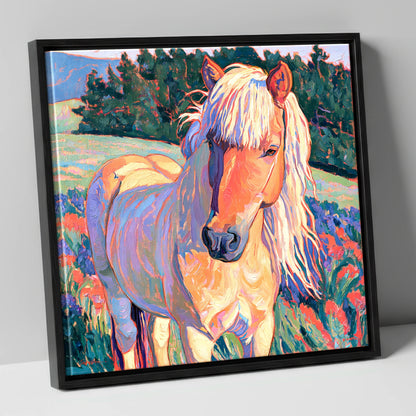Vibrant Palomino Pony In Meadow horse breed canvas wall art in black frame