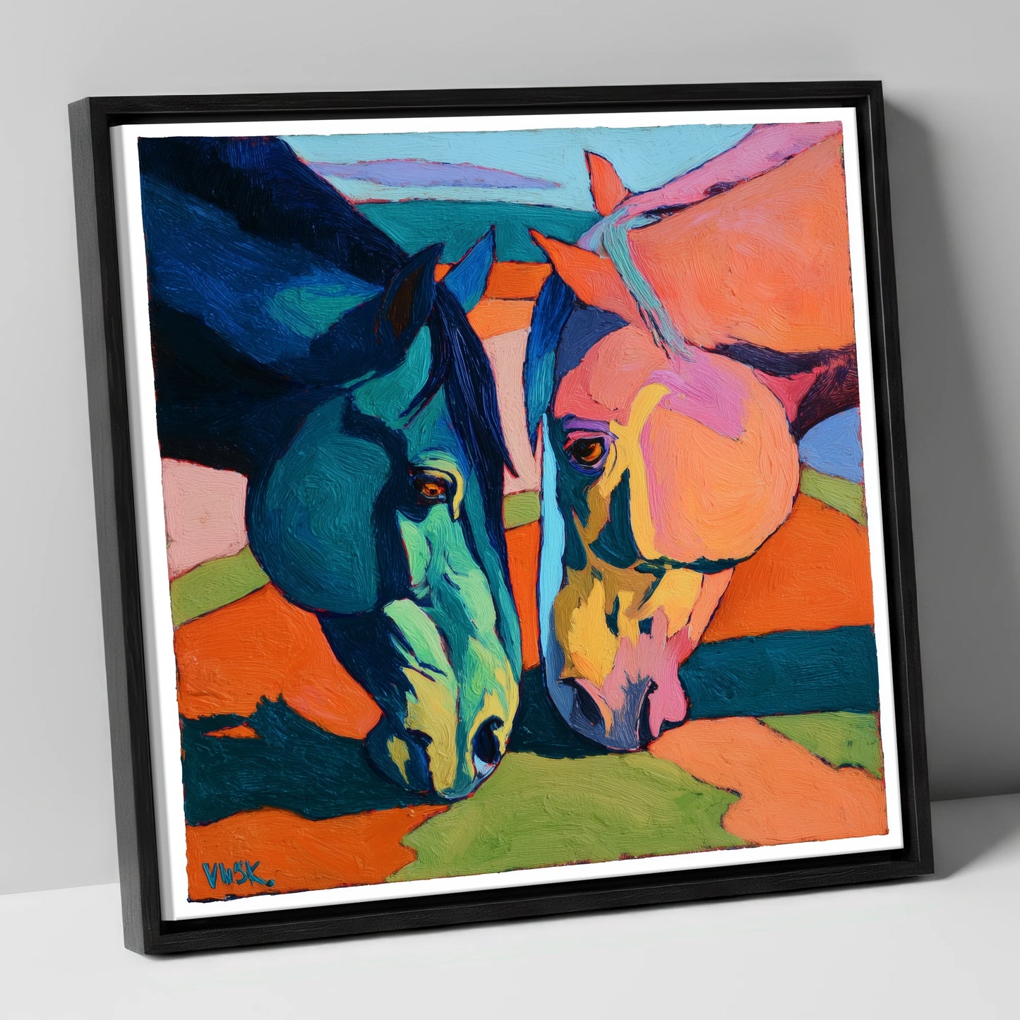Vibrant Companions horse portrait canvas wall art in black frame