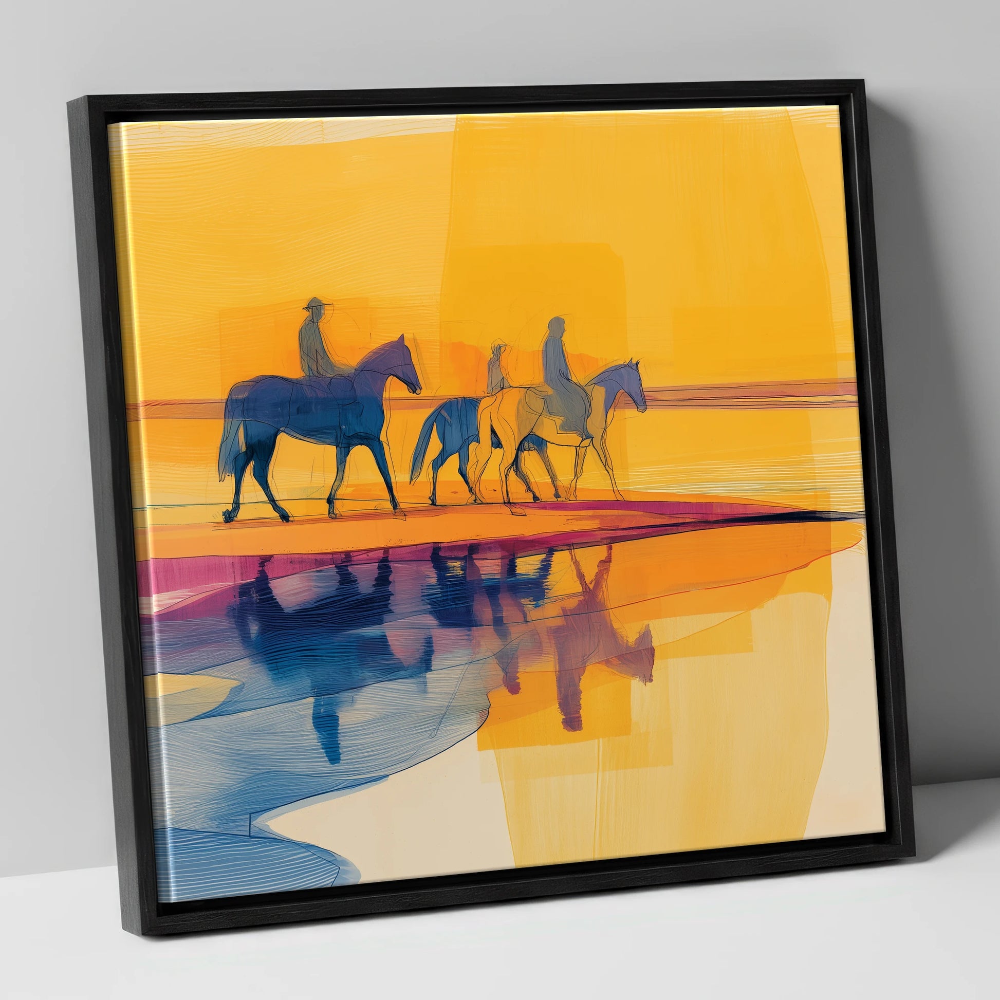 Golden Horizon Hack horse landscape canvas wall art in black frame