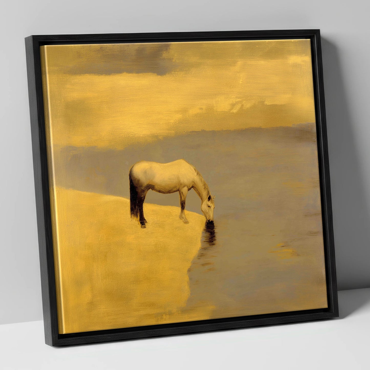 Stillness at the Water's Edge horse landscape canvas wall art in black frame