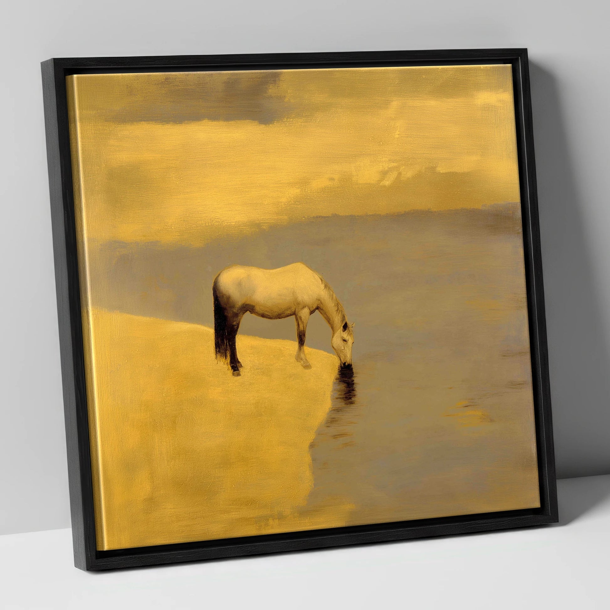 Stillness at the Water's Edge horse landscape canvas wall art in black frame