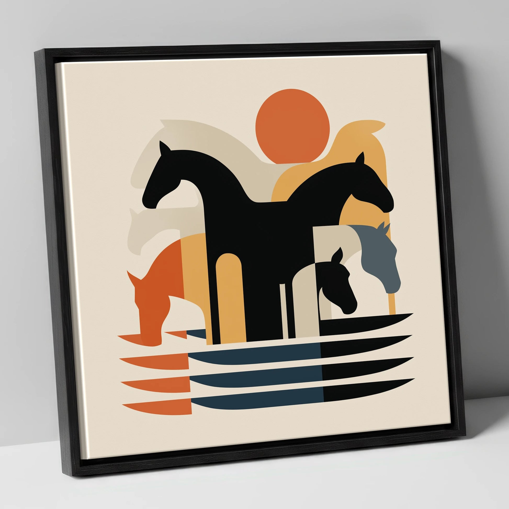 Abstract Terracotta Herd wild horses canvas wall art in black frame