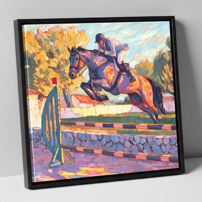 Sunset Flight show jumping horse canvas wall art in black frame