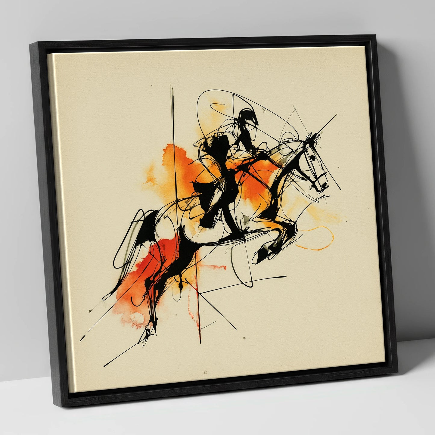 Amber Flight show jumping horse canvas wall art in black frame