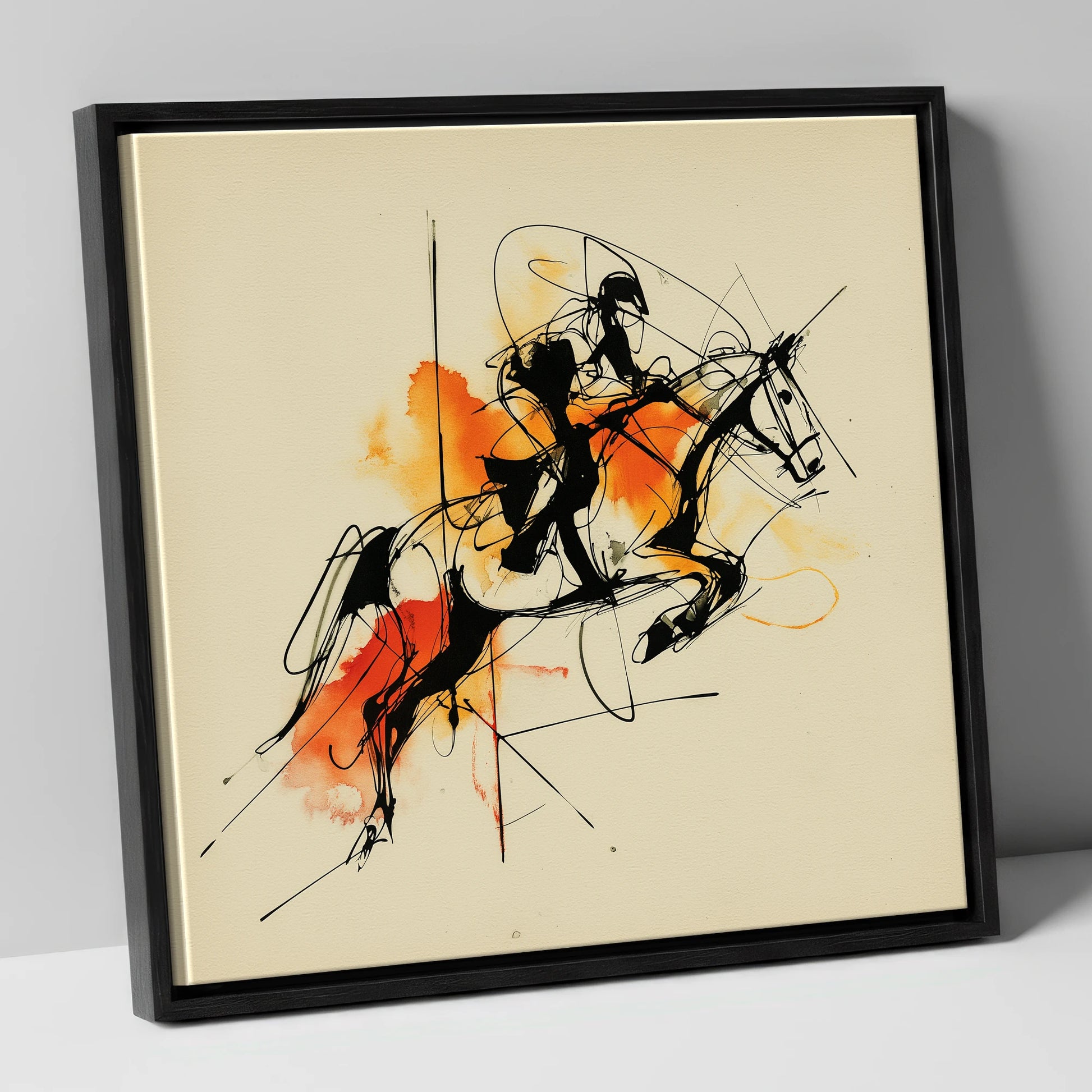 Amber Flight show jumping horse canvas wall art in black frame