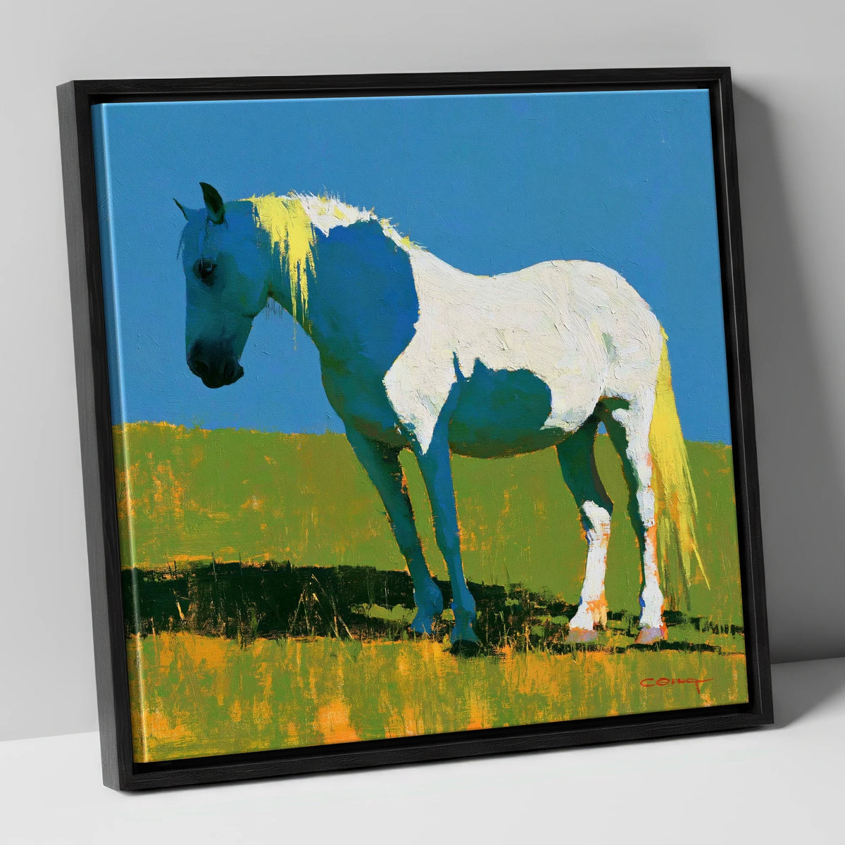 White Horse With Indigo Shadows horse breed canvas wall art in black frame