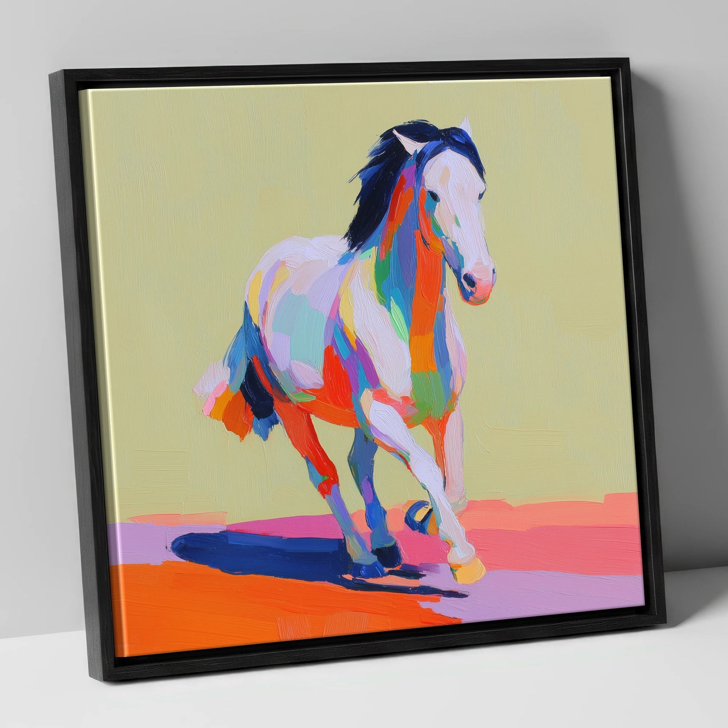 Technicolour Canter horse breed canvas wall art in black frame
