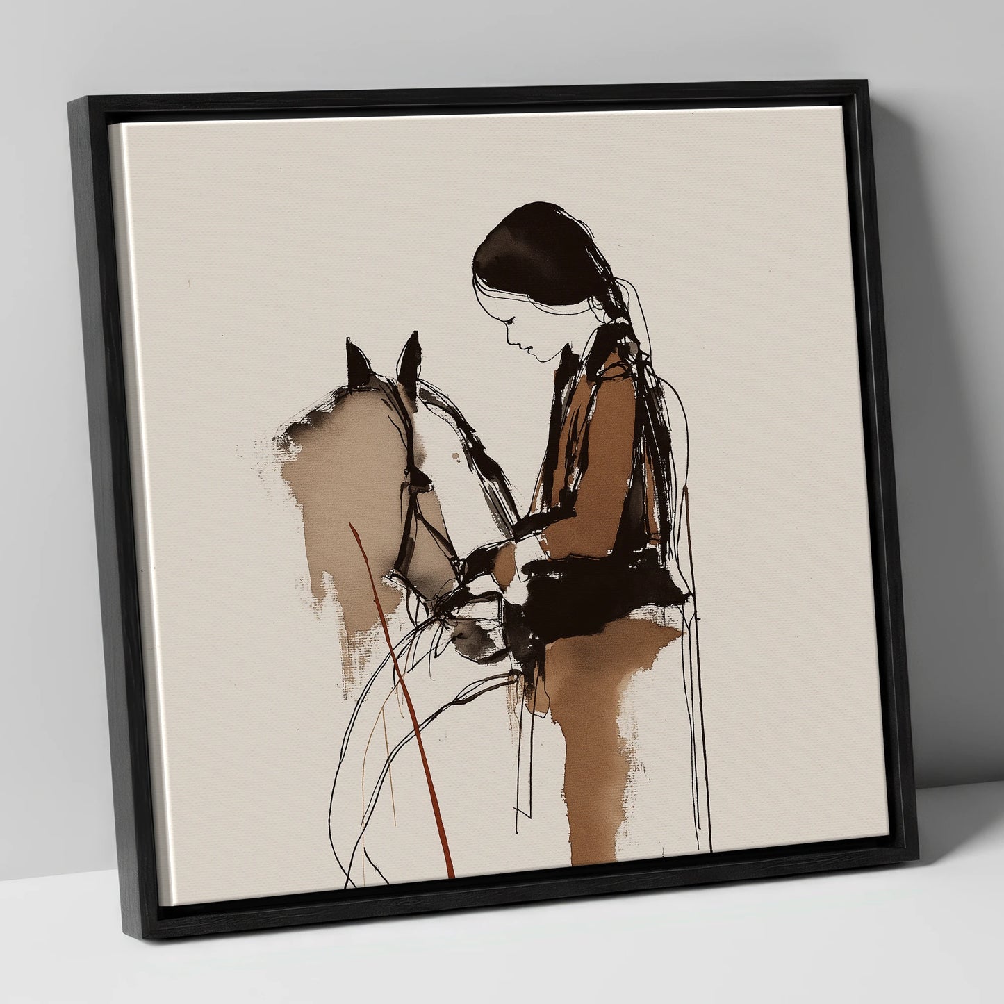 Silent Dialogue horse & rider canvas wall art in black frame