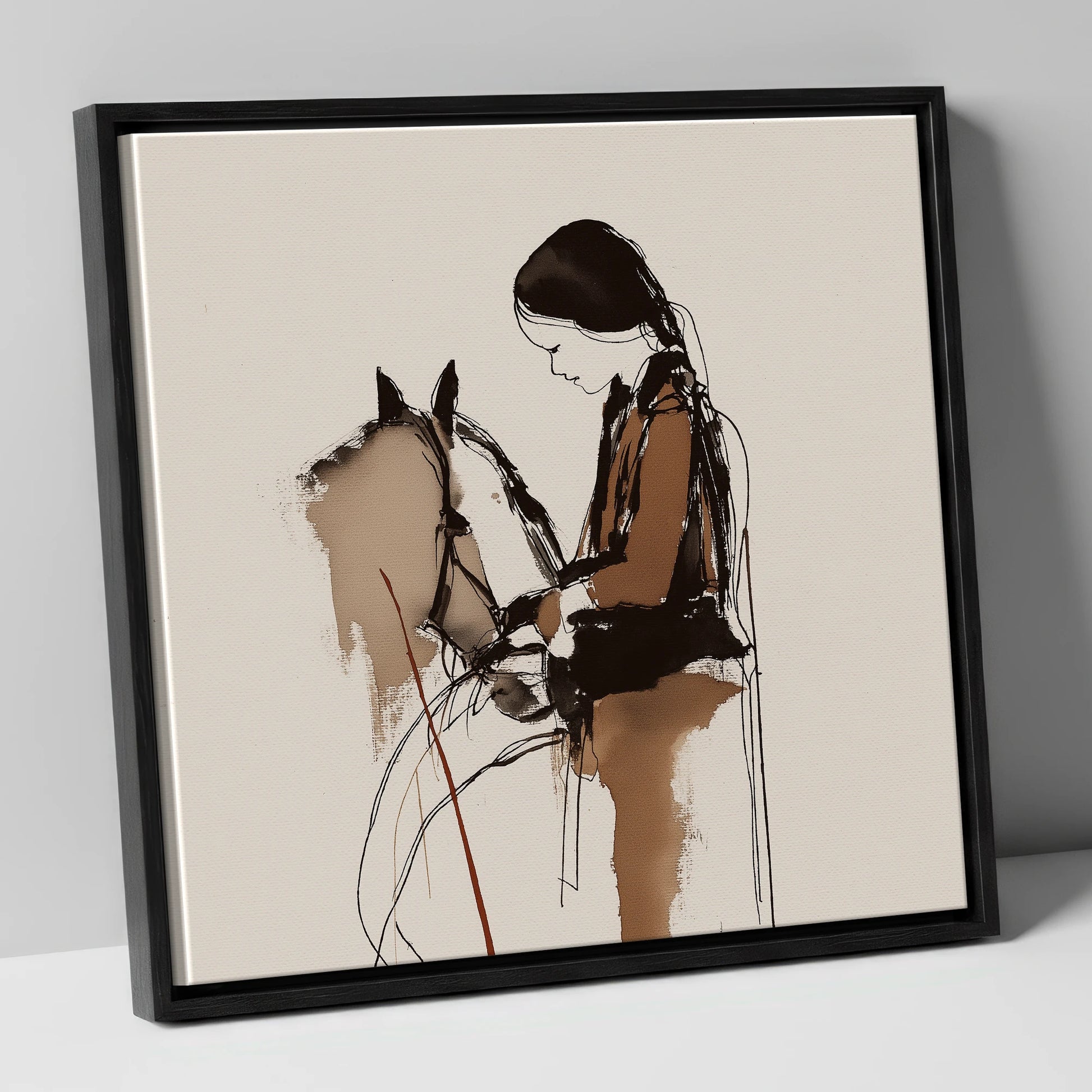 Silent Dialogue horse & rider canvas wall art in black frame