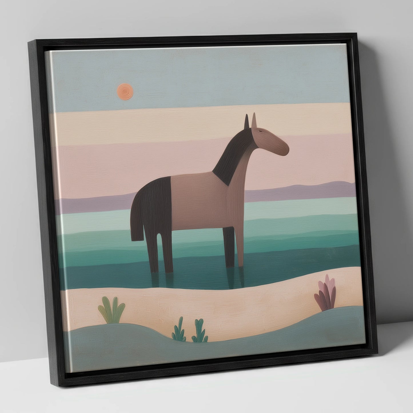 Stillness in the Shallows beach horse canvas wall art in black frame