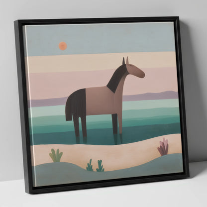 Stillness in the Shallows beach horse canvas wall art in black frame