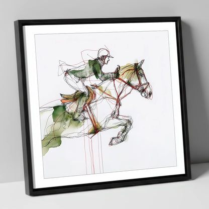 Dynamic Flight show jumping horse canvas wall art in black frame