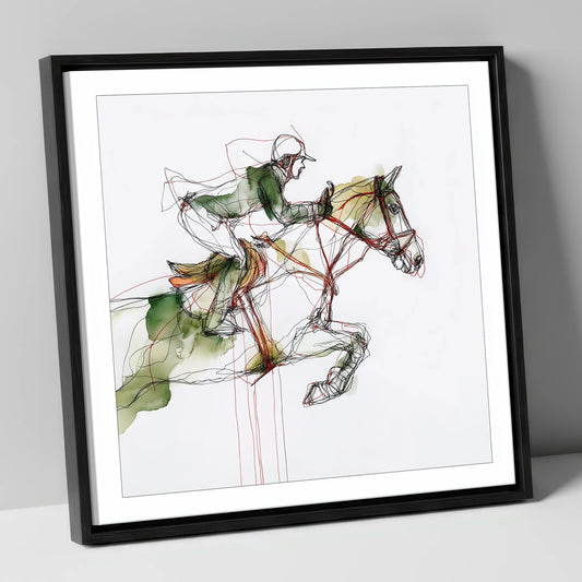 Dynamic Flight show jumping horse canvas wall art in black frame