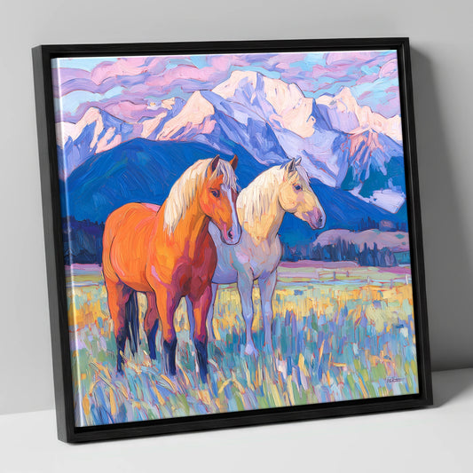 Painted Mountain Pasture horse landscape canvas wall art in black frame