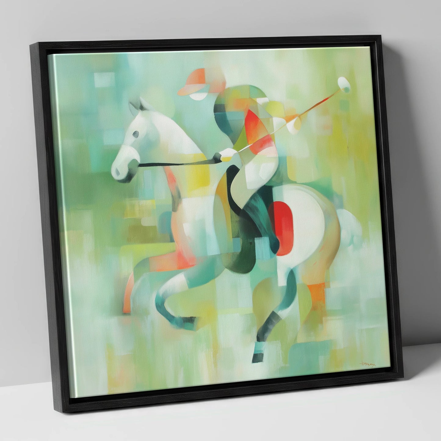 Abstract Polo Canter polo horse canvas wall art in black frame