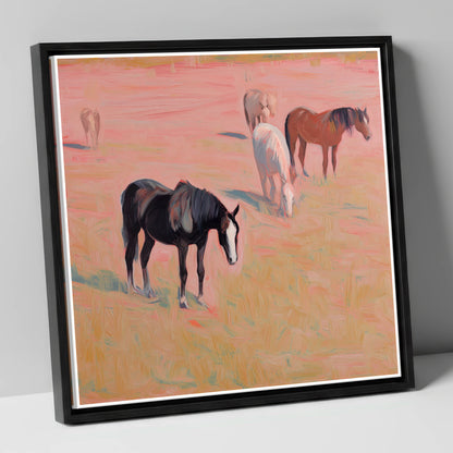 Dusky Rosa Pastures wild horses canvas wall art in black frame