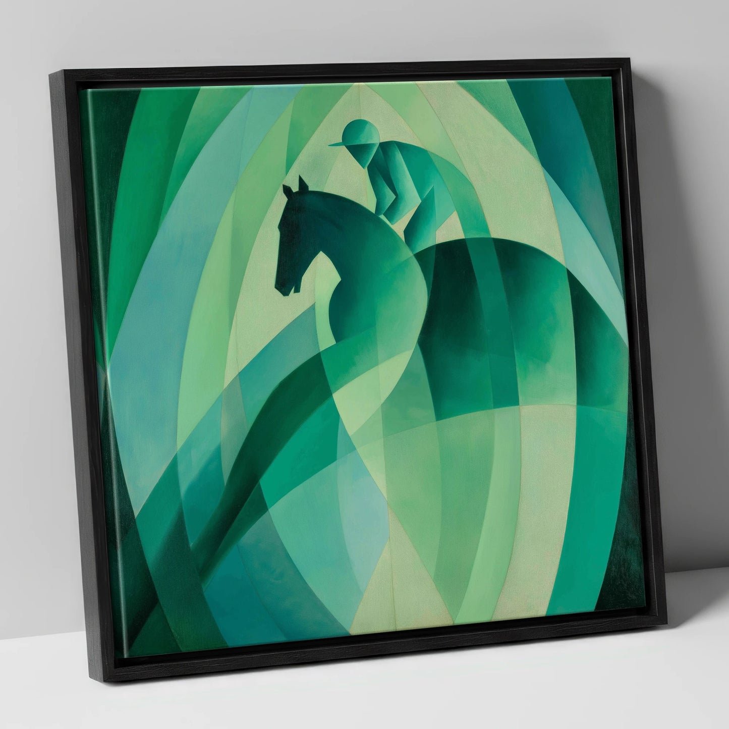 Emerald Rhythm racing horse canvas wall art in black frame