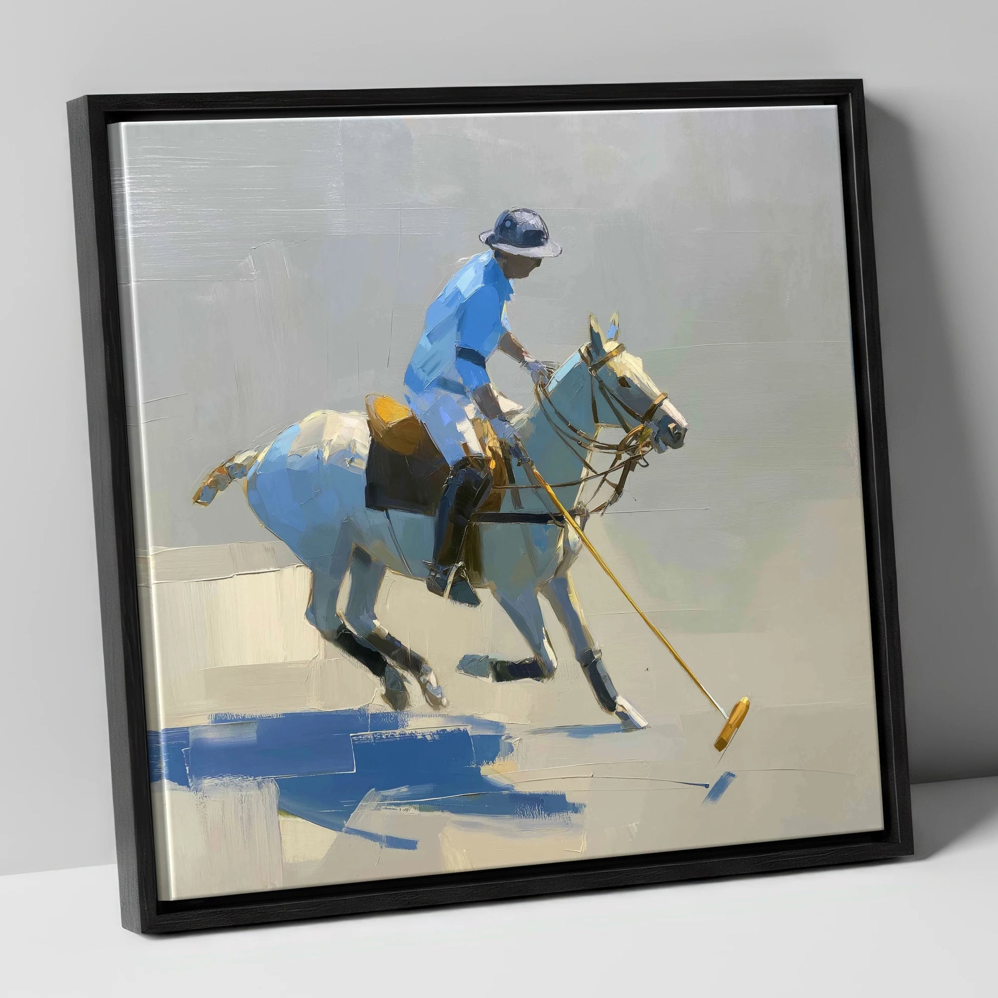 The Blue Chukka polo horse canvas wall art in black frame